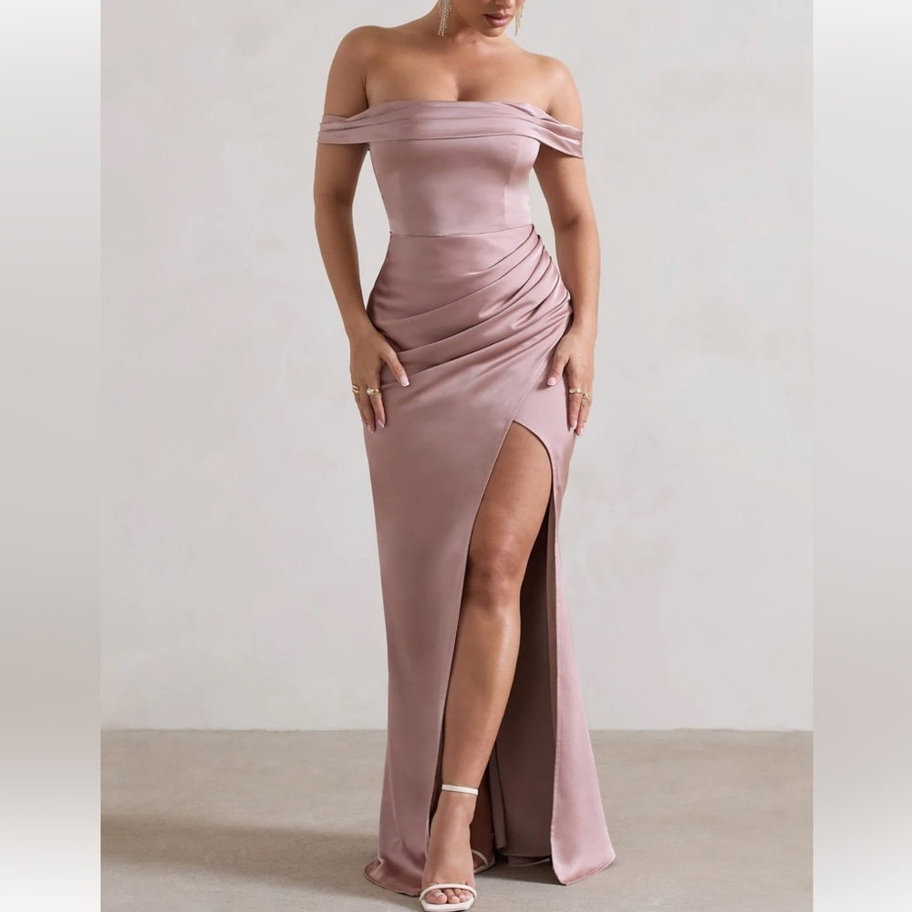 Club L London BLUSH PINK SATIN BARDOT FISHTAIL MAXI DRESS